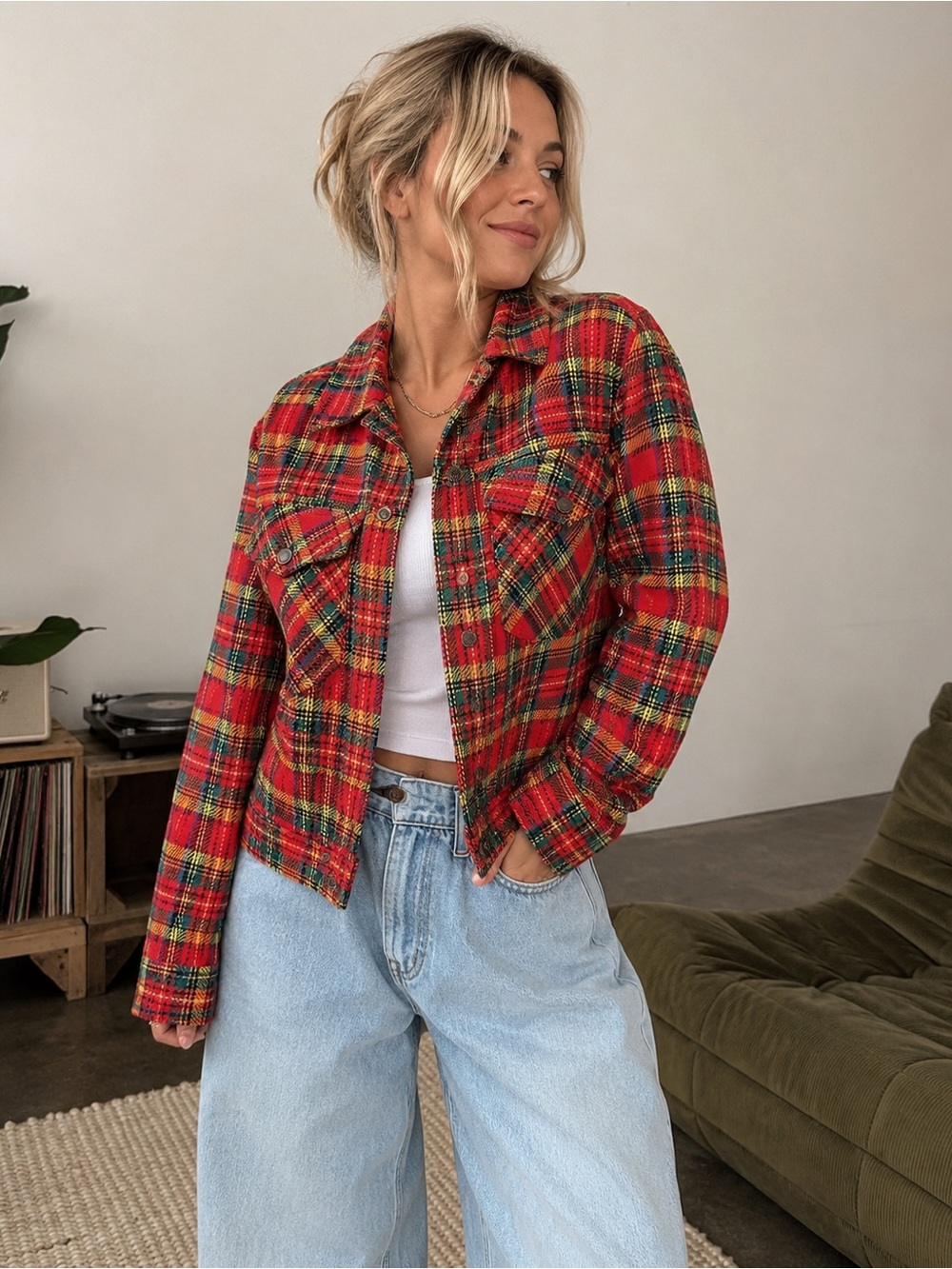 Vintage Rice Sportswear Red Plaid Cropped Jean Jacket
